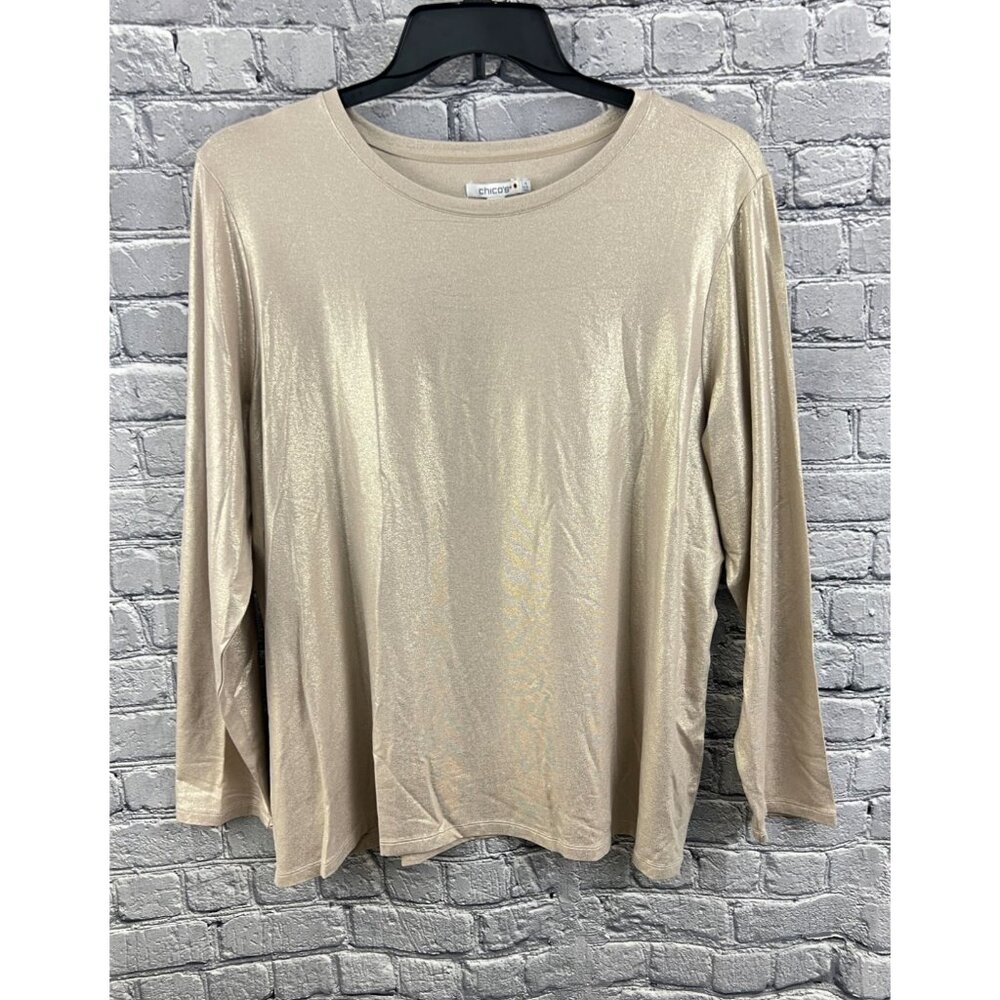 Chico's 4 US XXL‎ Gray Shimmer Foil Touch of Cool Long Sleeve Layering Tee NWT